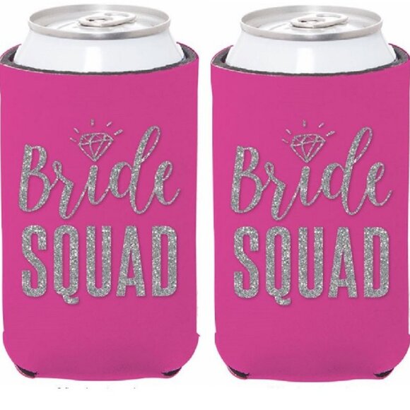 Set of Two Pink Bride Squad Can Koozies Coolies w Glittery Bling Weddings - Picture 1 of 1
